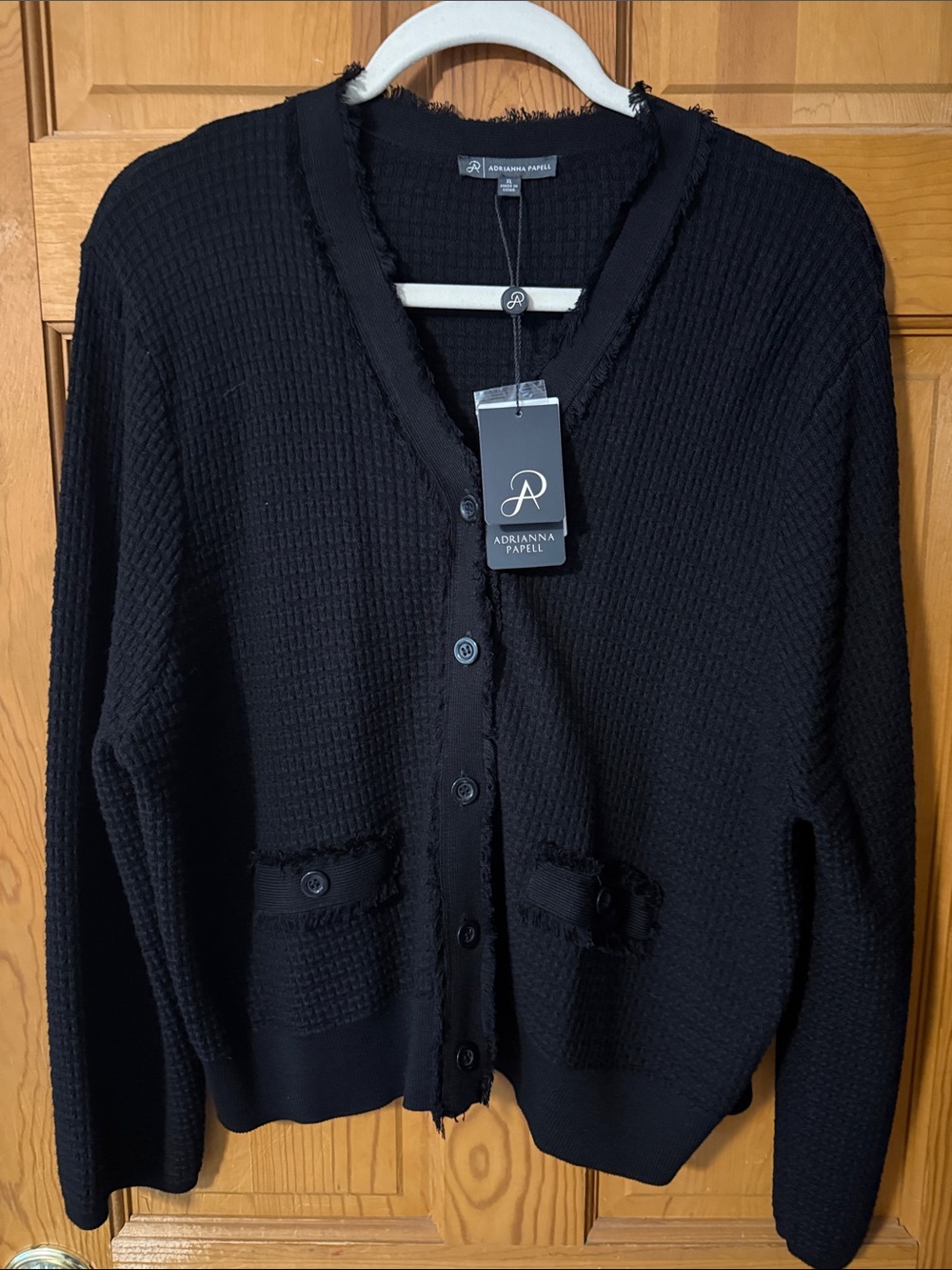 Adrianna Papell Black Frayed-Trim V-Neck Button Cardigan
